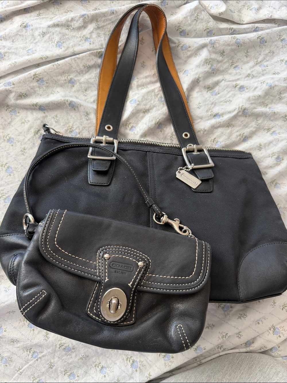 Coach Black Canvas and Leather Tote with Black Leather Wristlet